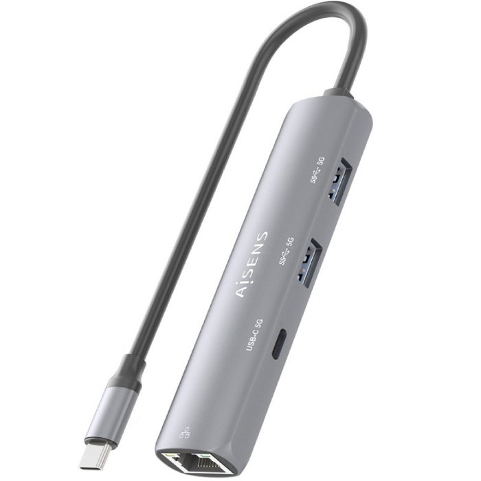 Aisens Dock USB-C a Ethernet Gigabit + Hub 1xUSB-C y 2xUSB-A, Gris